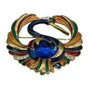 Vintage Unsigned Enamel Green Eyed Blue Jelly Belly Peacock Colorful Brooch Pin
